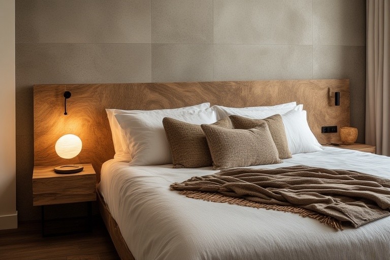 Tile and Wood Blends for a Contemporary Bed Back Design