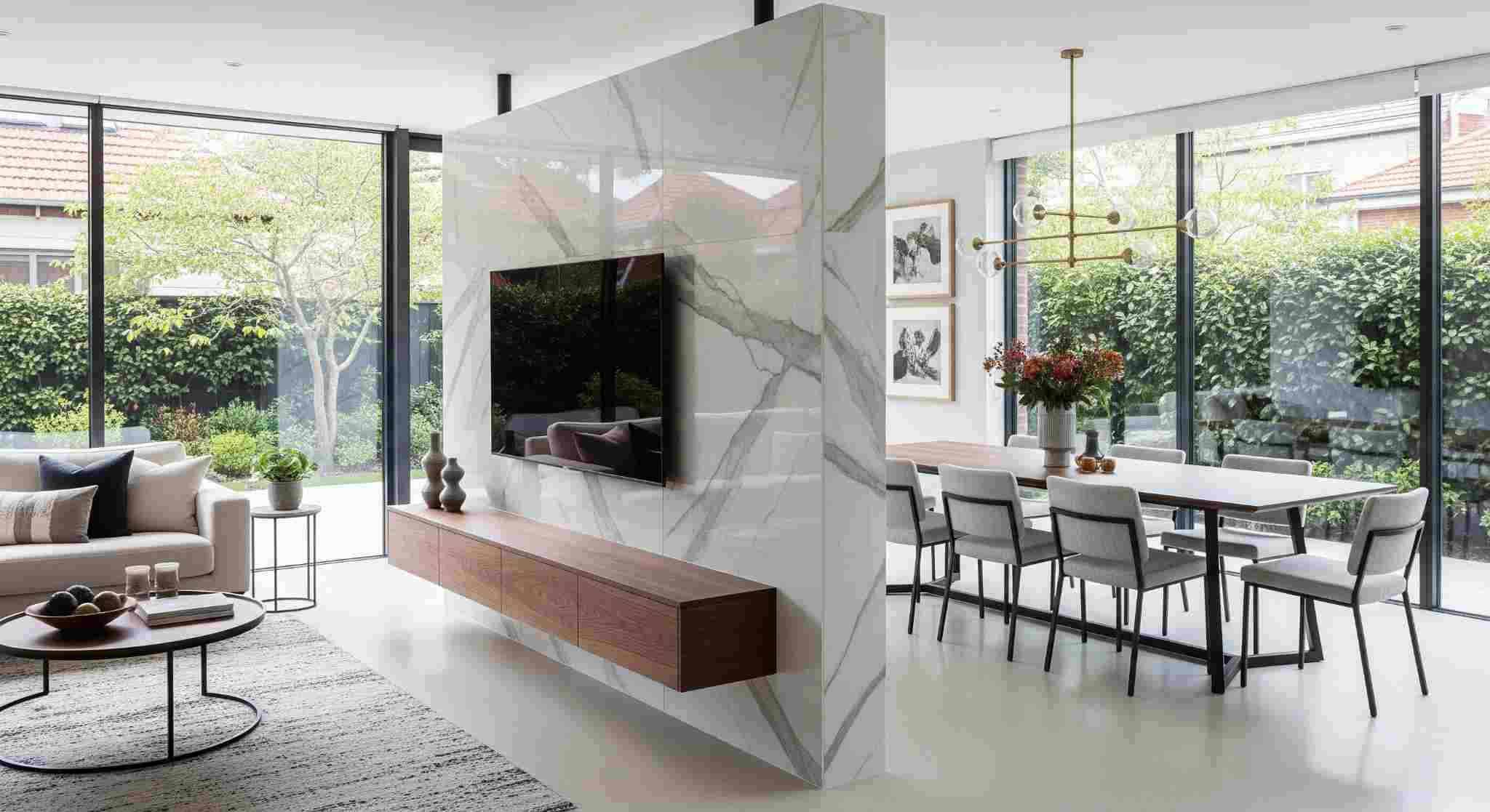 Tiled TV Unit Partition for Hall and Living Room Zoning