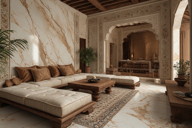Traditional Baithak with Marble and Woodwork for Elegant and Timeless Interiors
