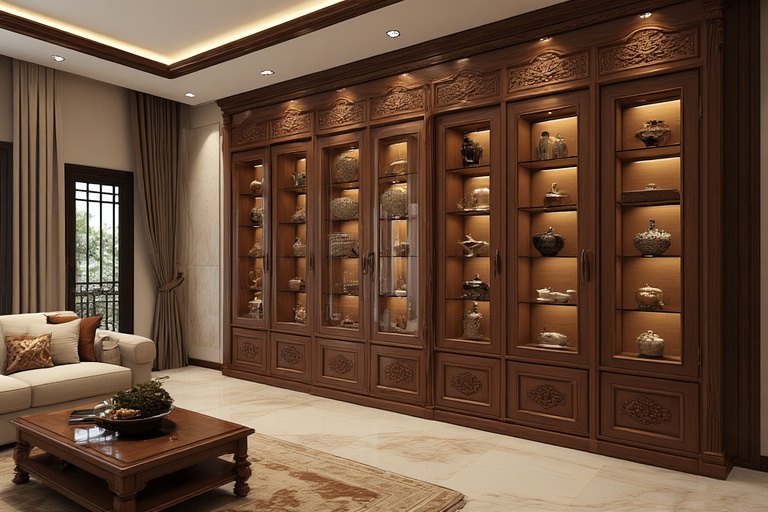 Traditional Carved Plywood Showcases with Glass Shutters for Classic Home Decor