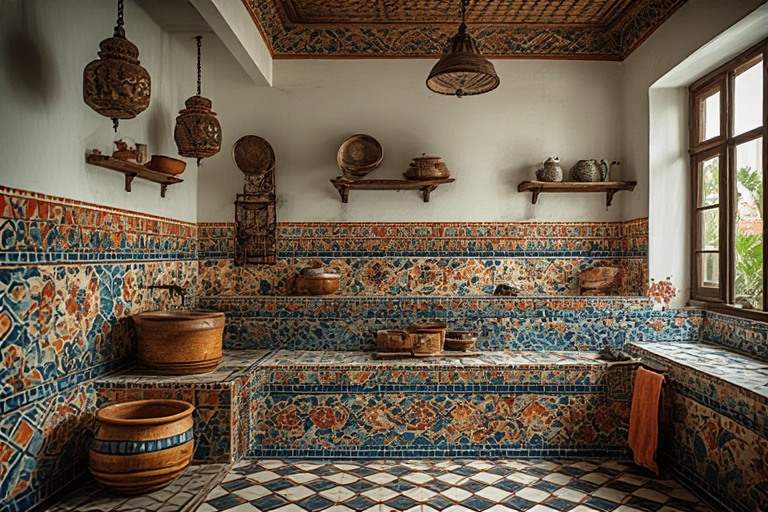 Traditional Indian wash area design featuring patterned motif tiles.