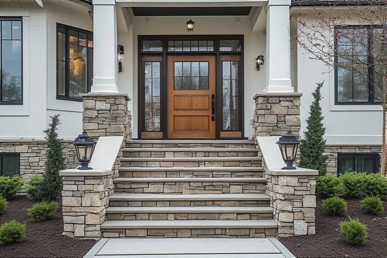 Traditional stone look outside entrance stairs design