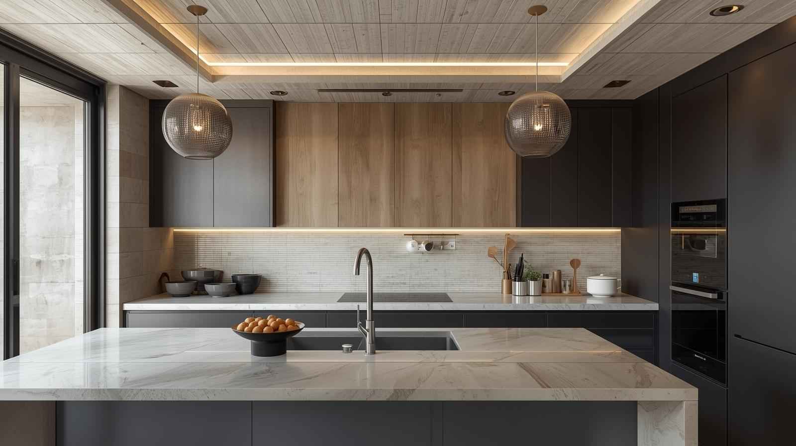 Tray ceiling design with matte finish tiles offers a sleek and sophisticated modern ceiling style.