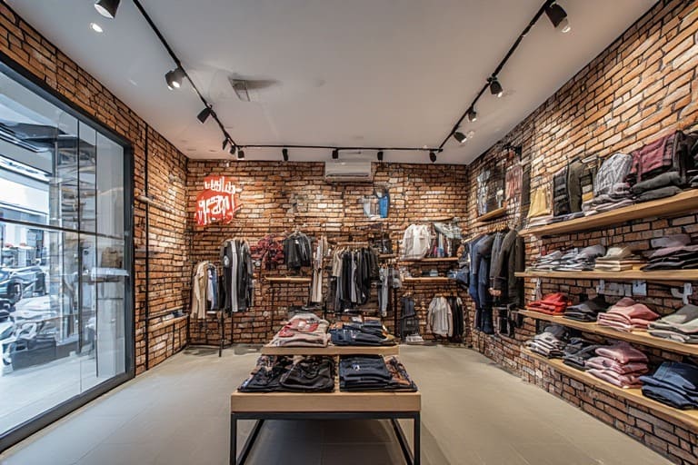 Trendy urban cloth shop design featuring brick effect wall tiles for an industrial retail vibe