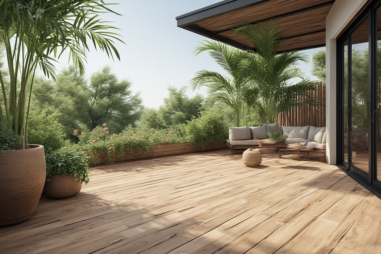 Tropical Theme with Wooden-Effect Tiles and Palms