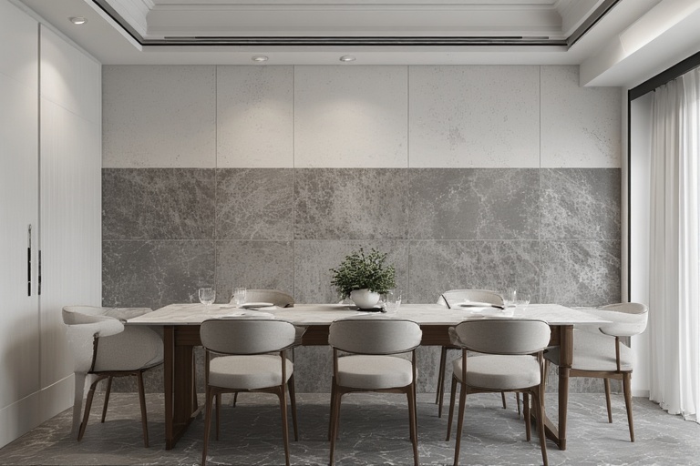 Two-Tone Grey and White Layered Walls for a Dynamic and Sophisticated Interior