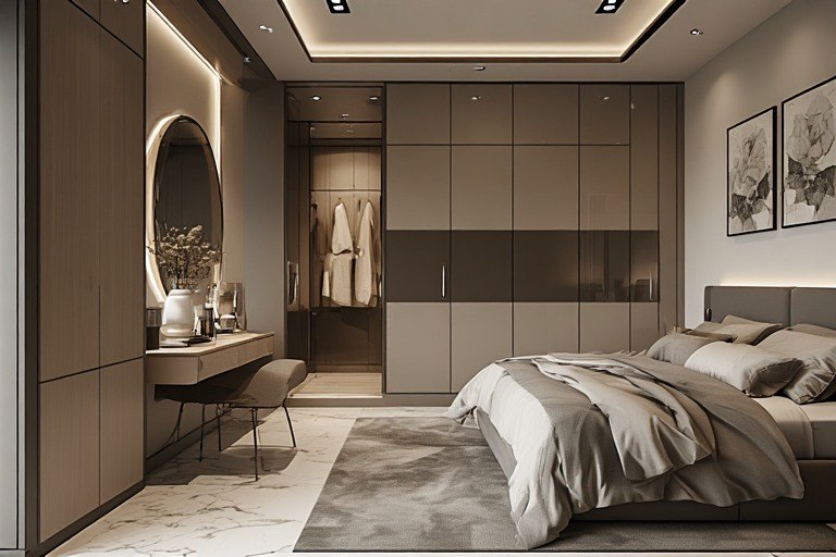 Two-tone wardrobe with dressing table in a contrasting modern shade