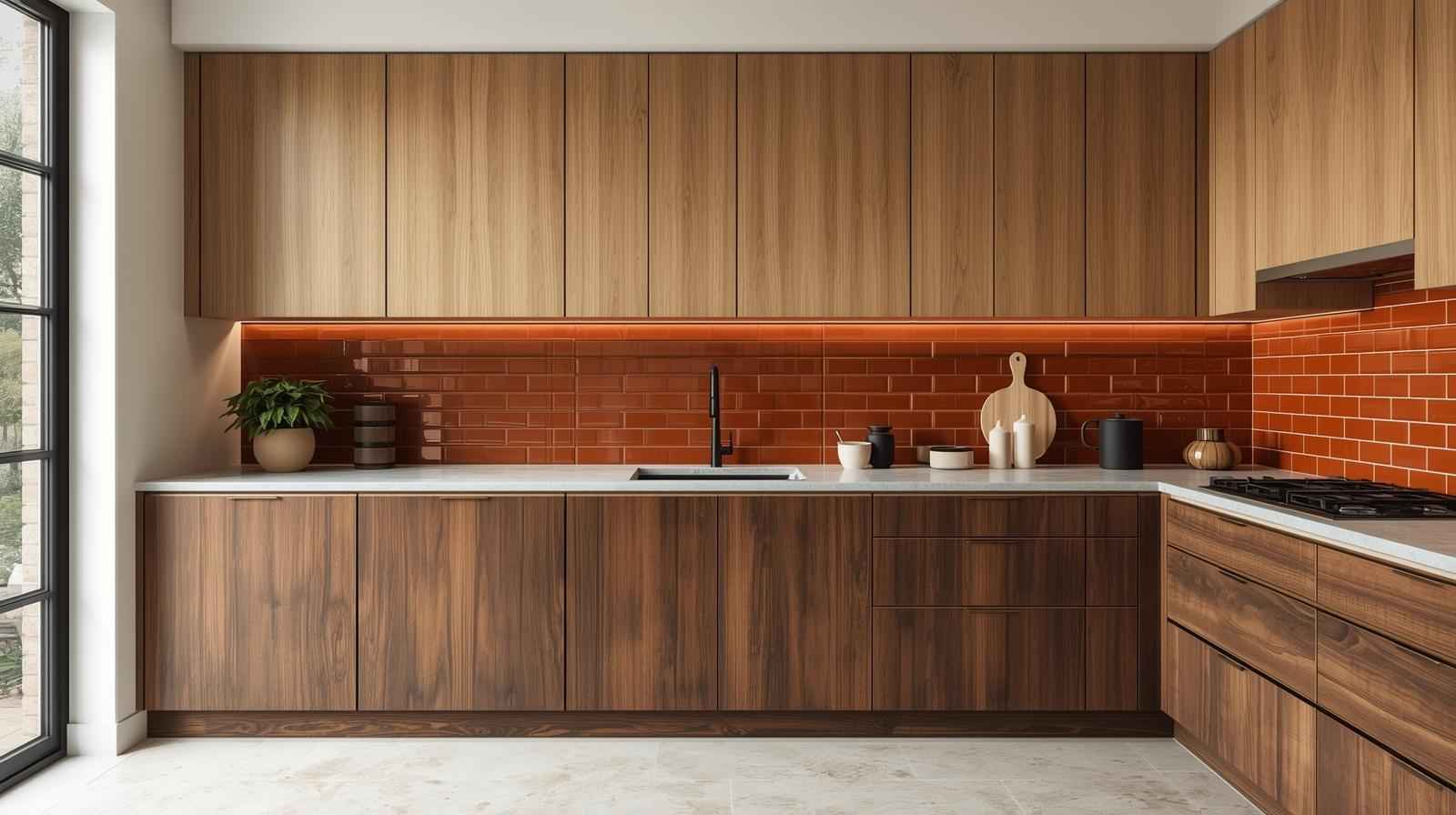 Two-Tone Wooden Kitchen Designs with Colourful Terracotta Tiles