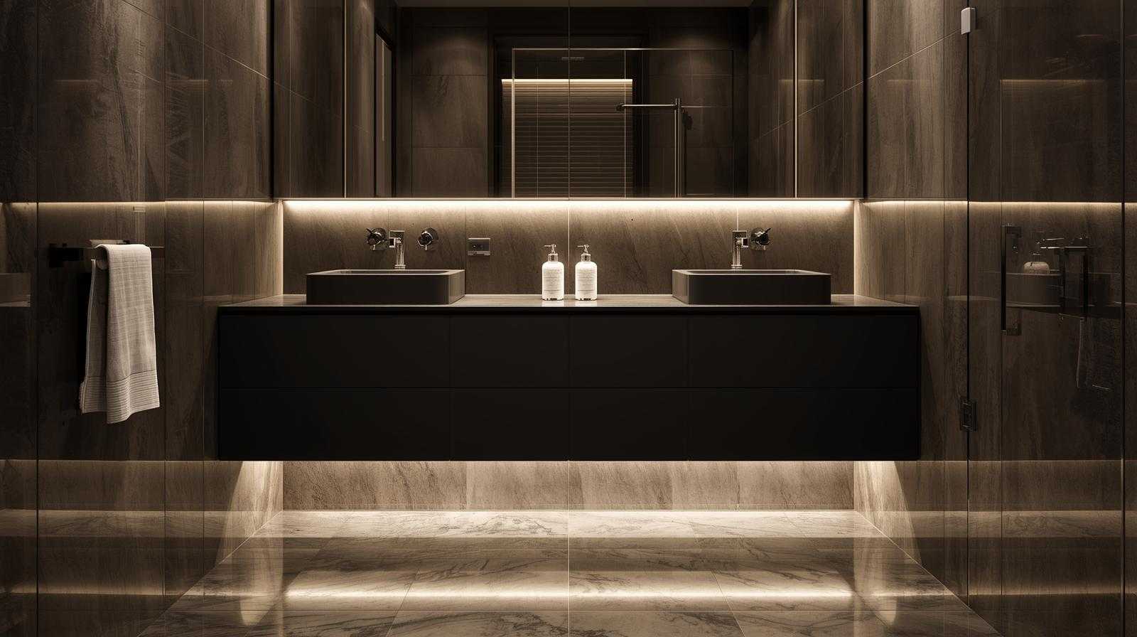 Underlit bathroom vanity design creates a soft ambient glow that elevates the spa-like feel of the space.