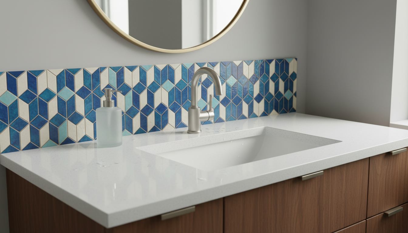 Undermount wash basin with a decorative patterned tile backsplash