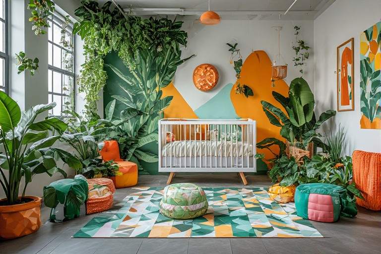 Playful urban jungle baby room design featuring geometric tile forms
