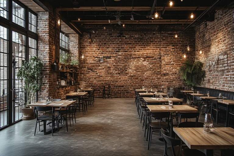 Urban loft restaurant design with exposed brick effect wall tiles