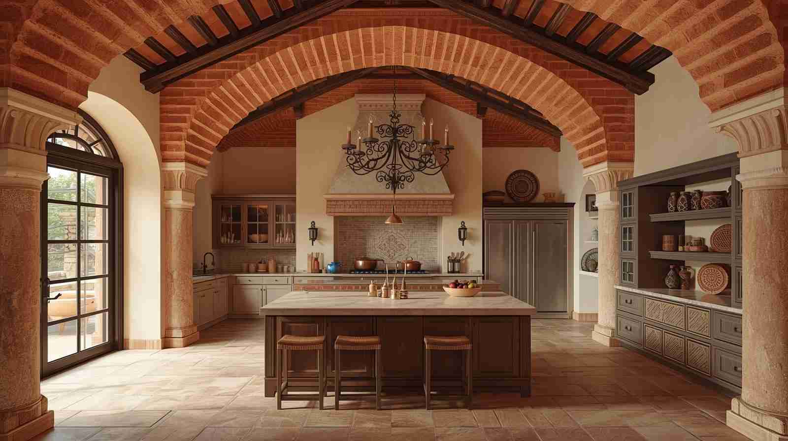 Vaulted ceiling with terracotta tiles adds warmth, depth, and a rustic Mediterranean vibe to interiors.