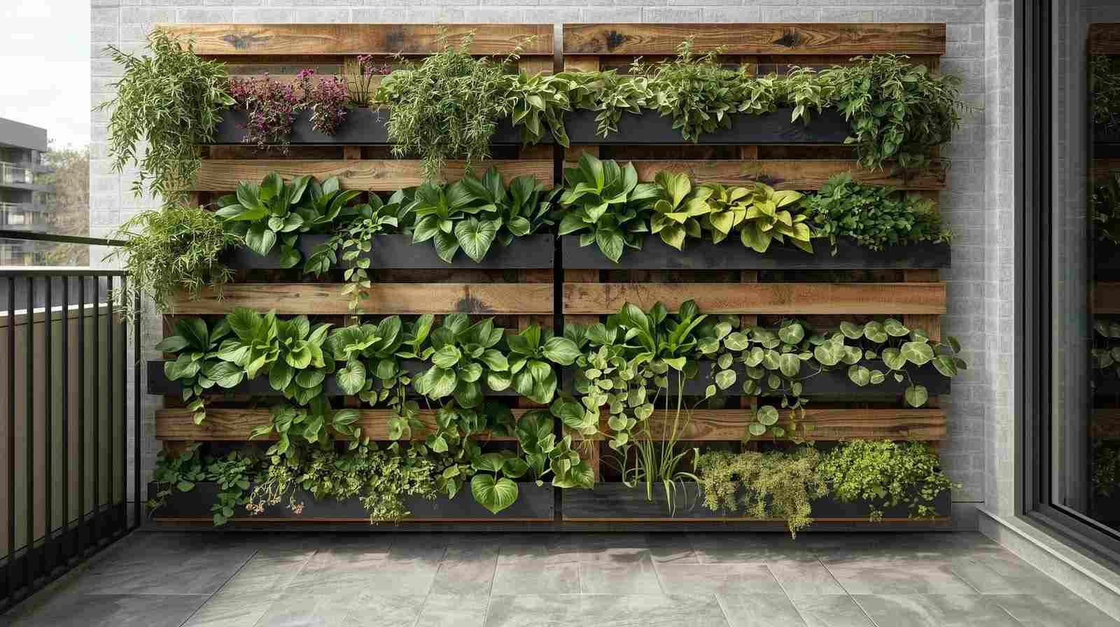 Vertical Garden with Wooden Pallets on Ceramic Tiles
