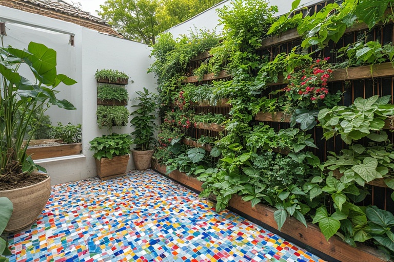 Vertical Wall Planters with Mosaic Floor Tiles