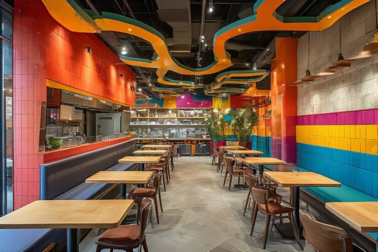 Vibrant cafeteria restaurant design with colourful wall tiles