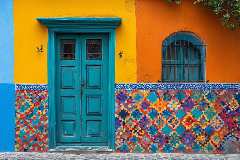 Vibrant village single floor home front design with geometric tile patterns and bold exterior colors