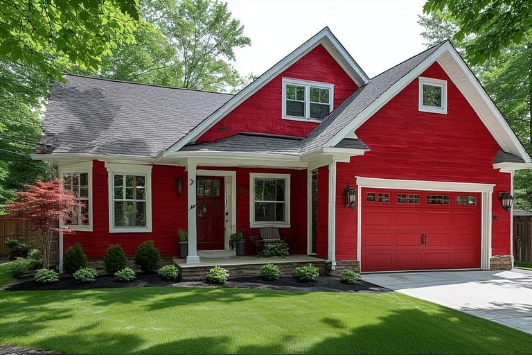 Bold red and white best colour combination for house exterior paired with neutral wall tiles for balance.