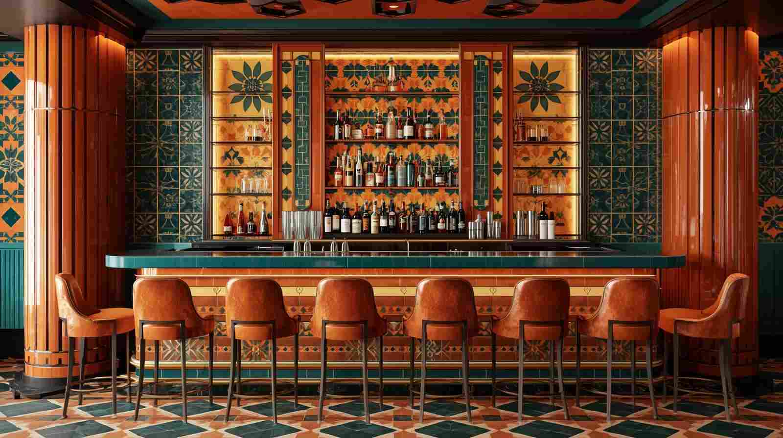 Art deco bar counter design with geometric tiles.