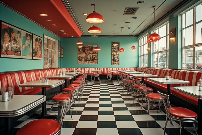 Vintage retro restaurant design with checkerboard floor tiles