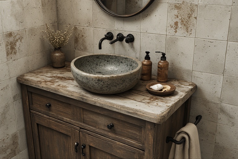 Vintage Style Wash Basin with Distressed Cabinet for Classic Bathroom Décor