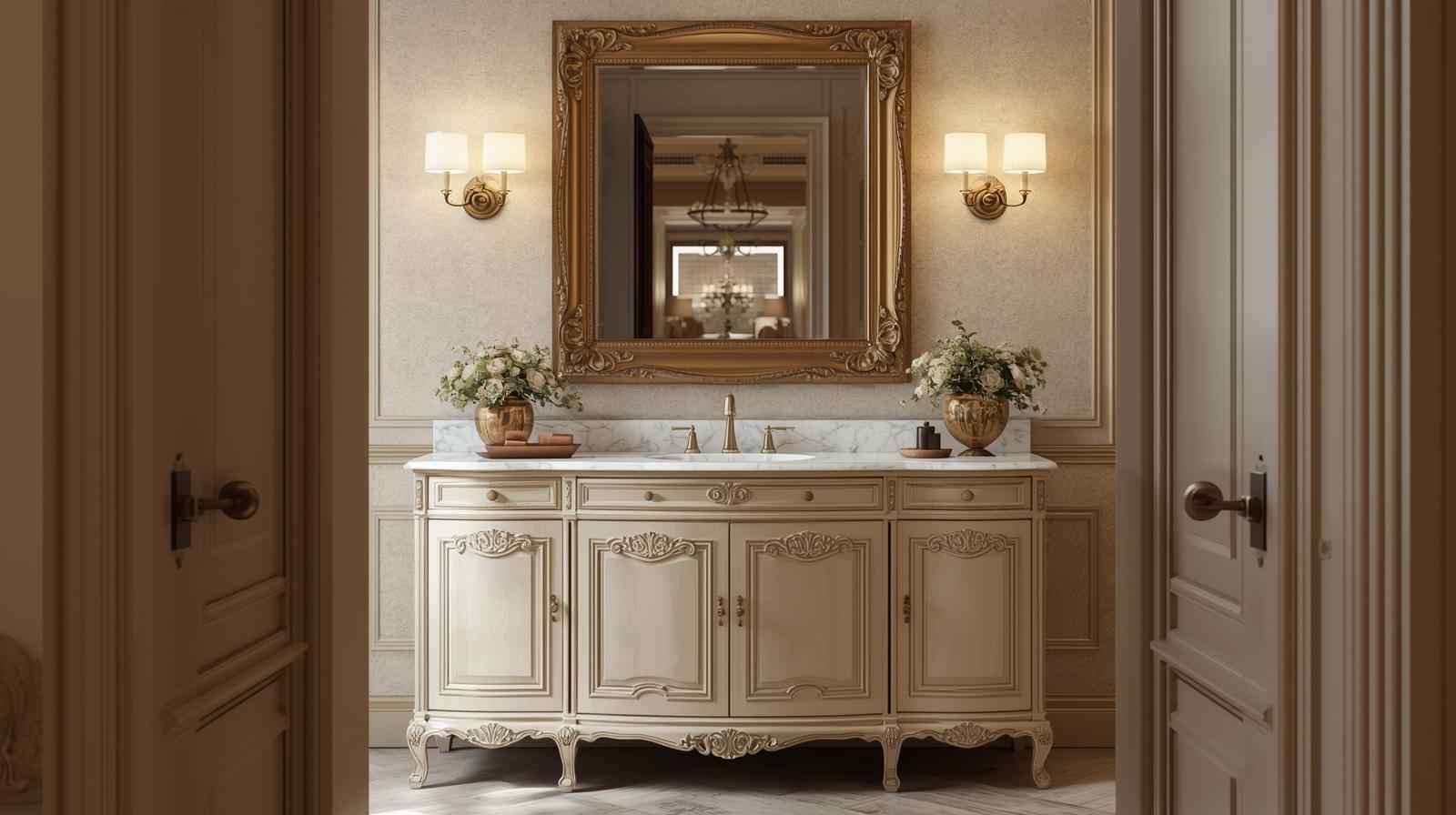 Vintage vanity with bold mirrors enhances the bathroom with a timeless and artistic aesthetic.