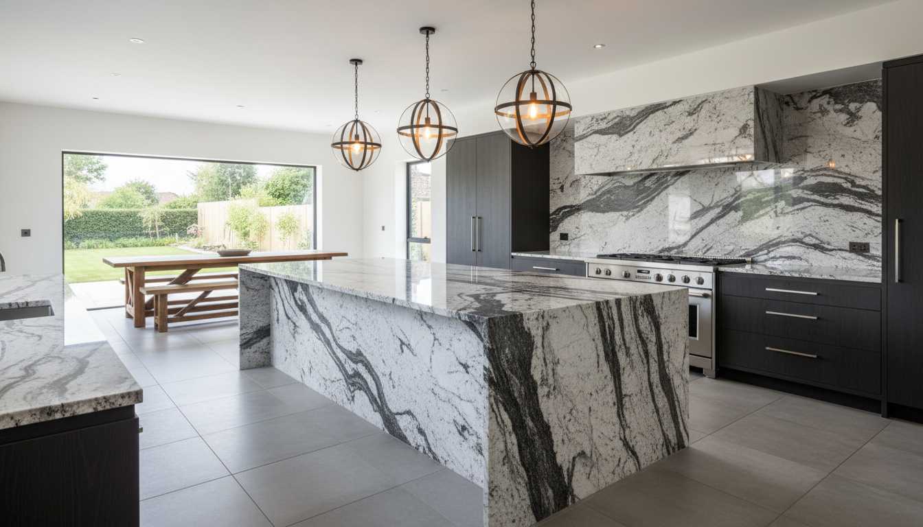Viscount white kitchen granite slab with grey waves