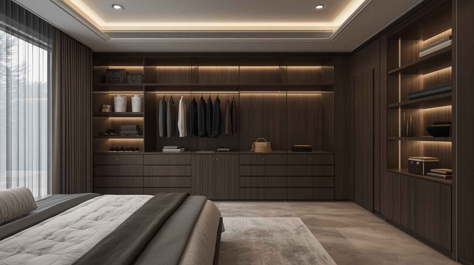 Walk-in wardrobe ideas with customised interiors offer a luxurious and organised storage experience for modern homes.