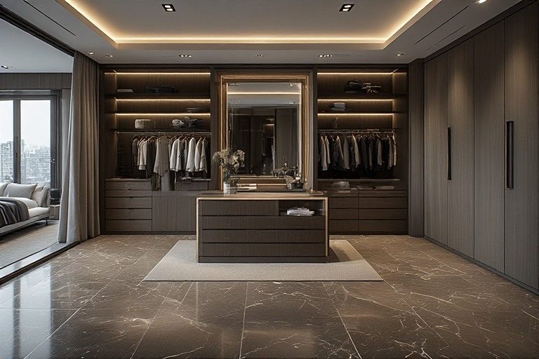 Walk-in wardrobe with dressing table featured on a central island