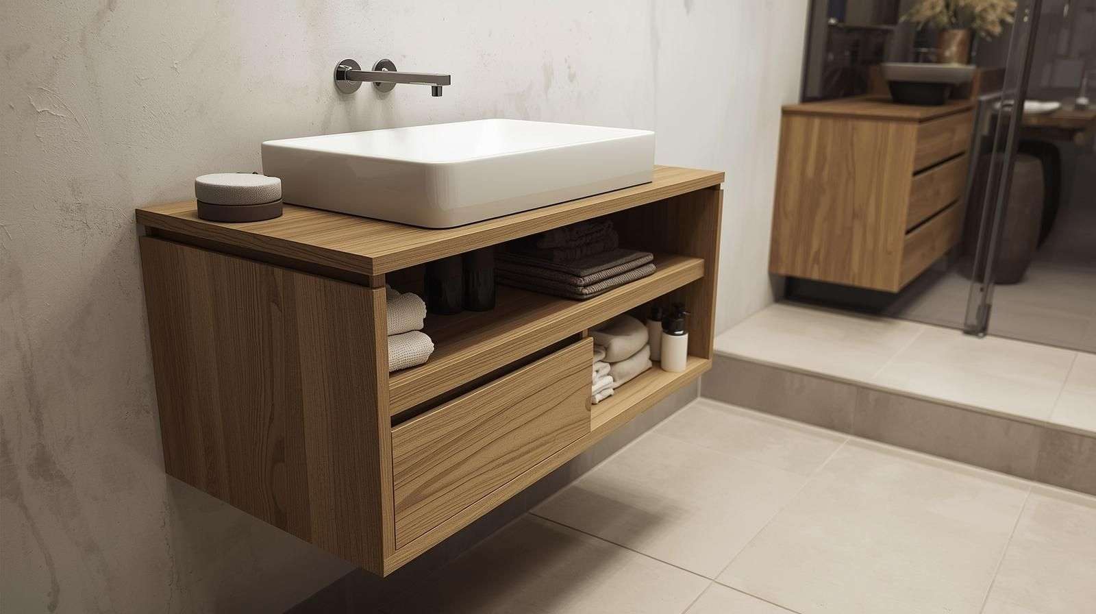 Wall-Mounted Wooden Vanity with Basin