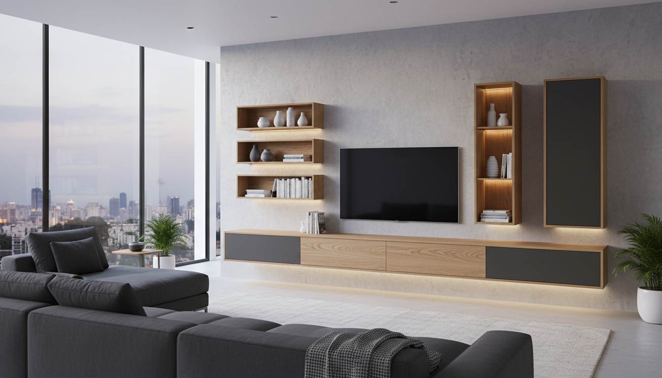 Modern wall TV cabinet design and floating concepts for a sleek living room interior