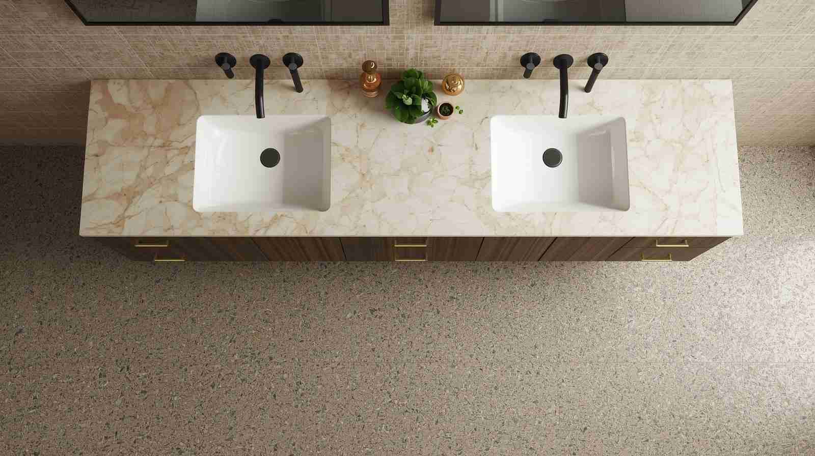 Wall-to-wall bathroom vanity with double sinks offers a balanced and luxurious setup for contemporary bathrooms.