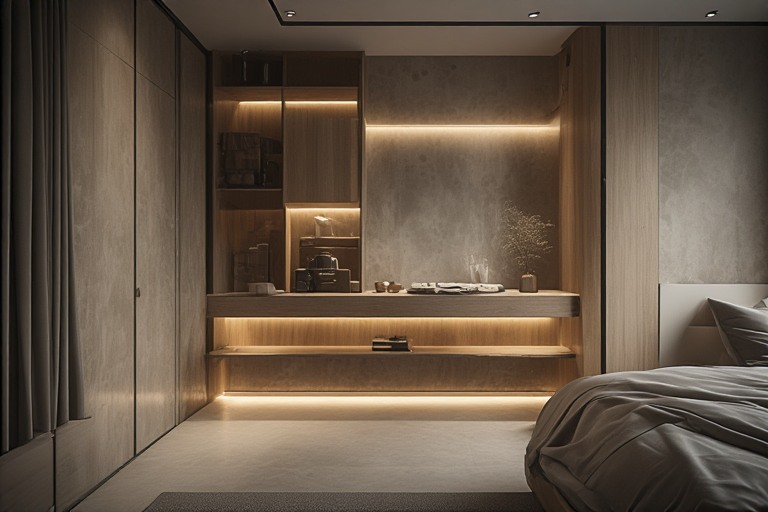 Modern wardrobe with dressing table in a floating minimalist style