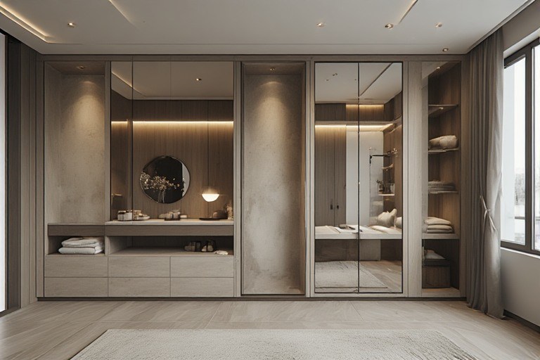 Sleek wardrobe with dressing table and hidden sliding mirror panels
