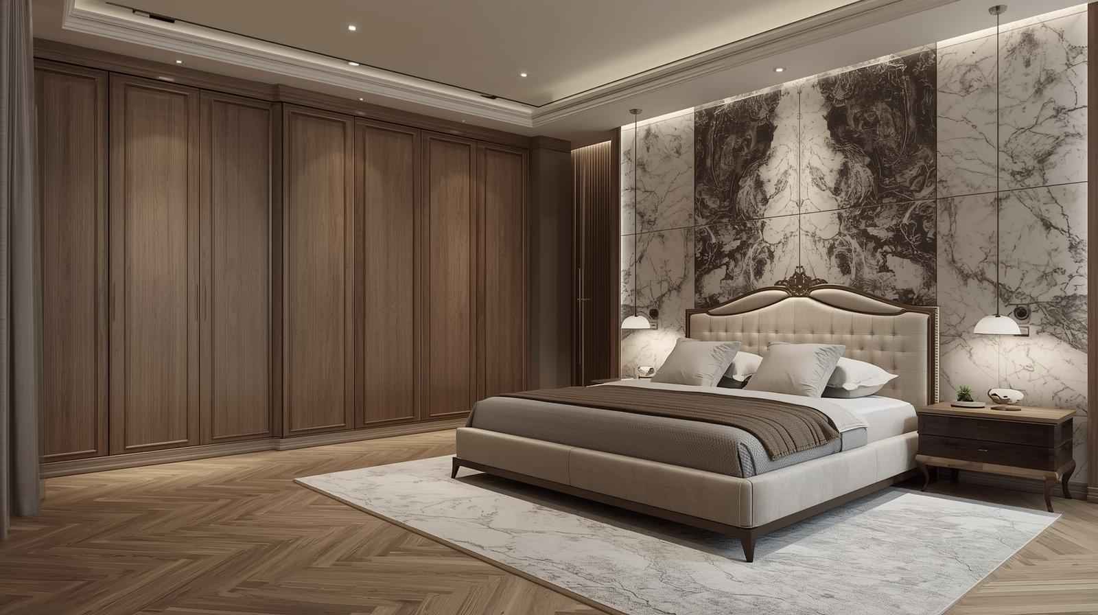 Wardrobes with integrated bedroom tiles and flooring ideas create a cohesive and seamless modern interior look.