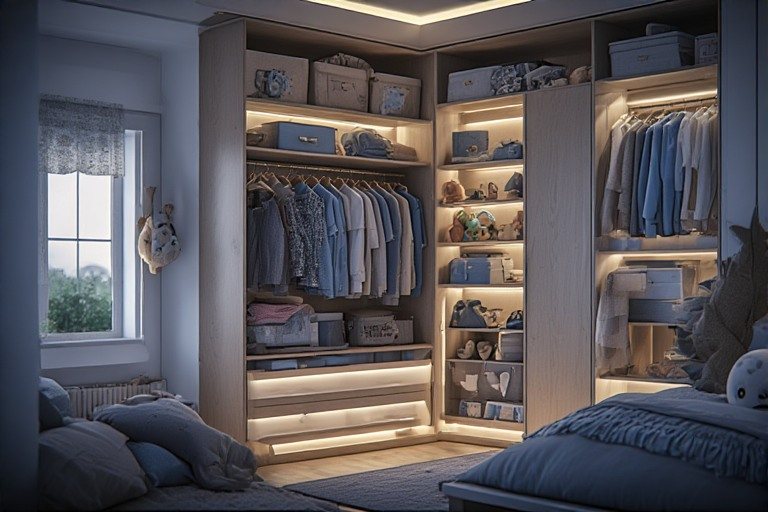 Modern wardrobe designs for childrens room with smart lighting and storage.