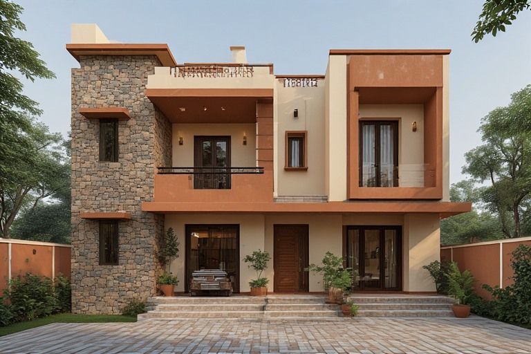 Terracotta and cream exterior colour combination for Indian homes