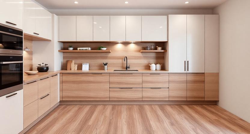 Warm Wood-Effect Slab Tile for Natural and Cozy Kitchen Interiors