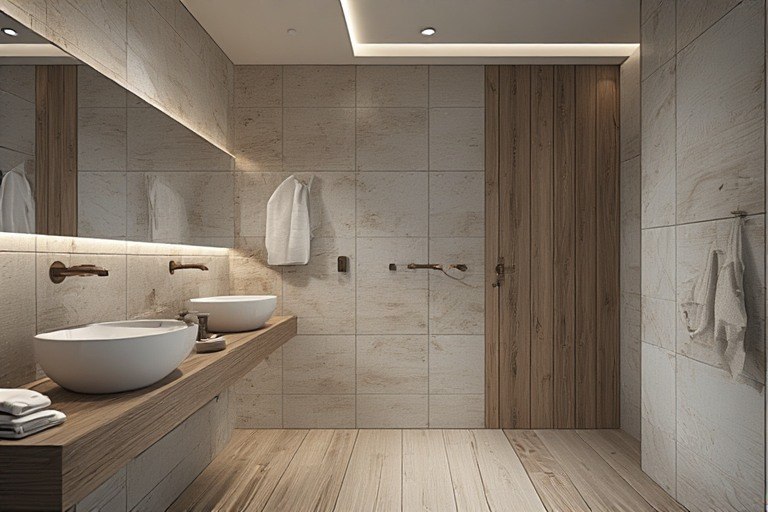 Cozy wash area design with water-resistant wood-look floor tiles.