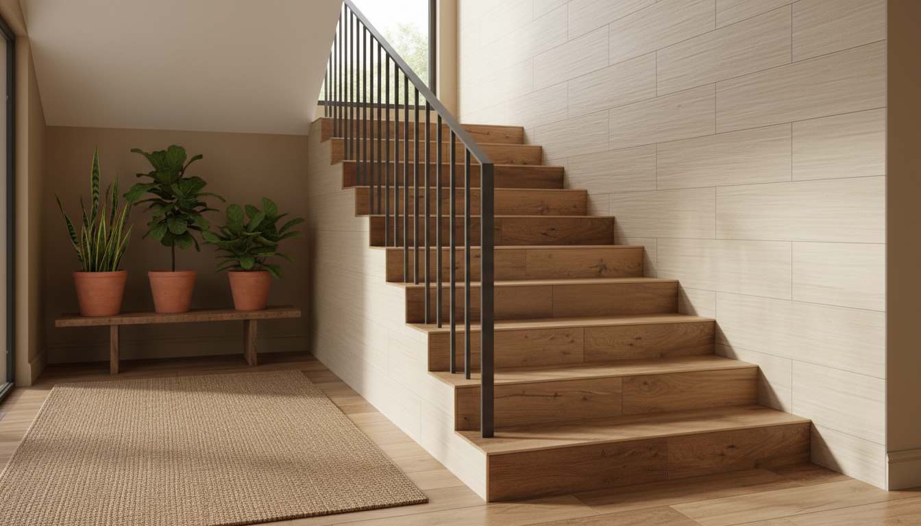 Warm wood tones stairs colour design using wood finish tiles