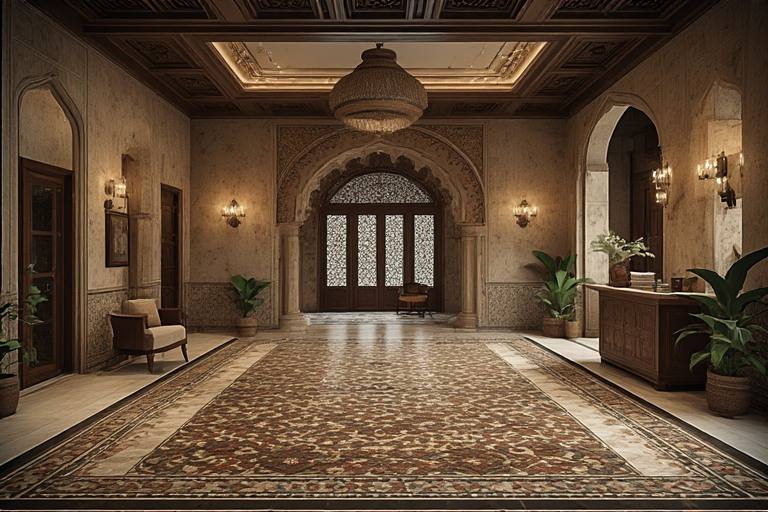 Welcoming traditional Indian lobby design with ethnic motif tiles.