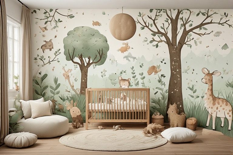 Whimsical woodland baby room design with earthy tones and textures