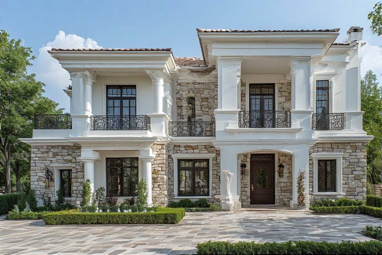 White and stone texture exterior colour combination for luxury homes