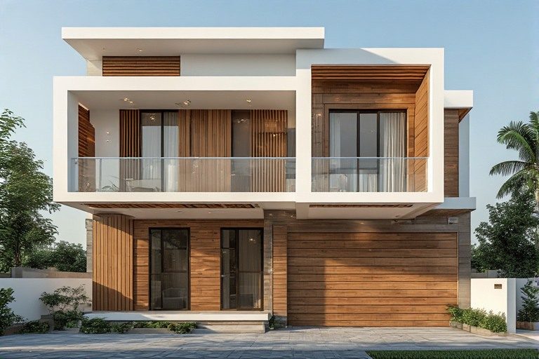 Contemporary white and wood exterior colour combination for villas