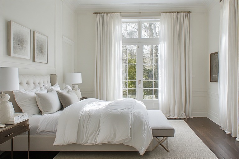 White Bedroom Design with Large Windows