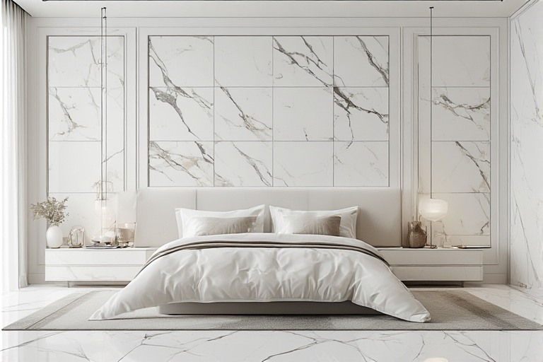 White Bedroom Design with Marble Look Tiles