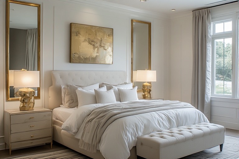White Bedroom Design with Metallic Accents