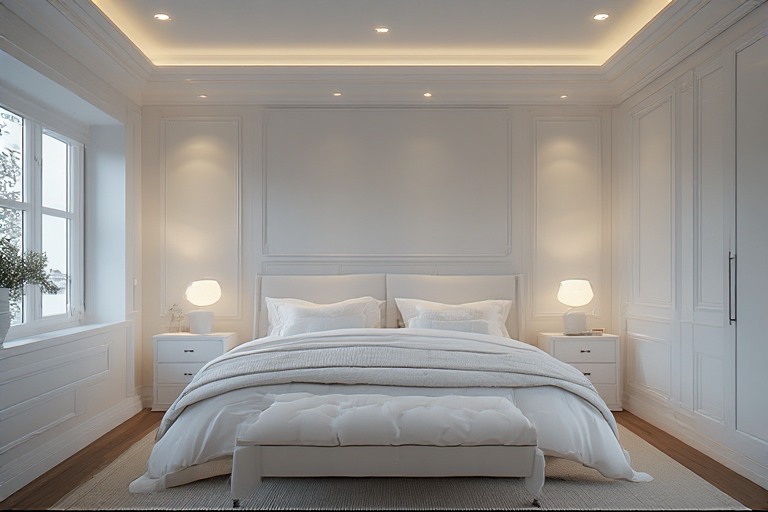 White Bedroom Design with Soft Lighting Effects