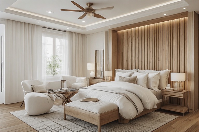 White Bedroom Design With Wooden Accents
