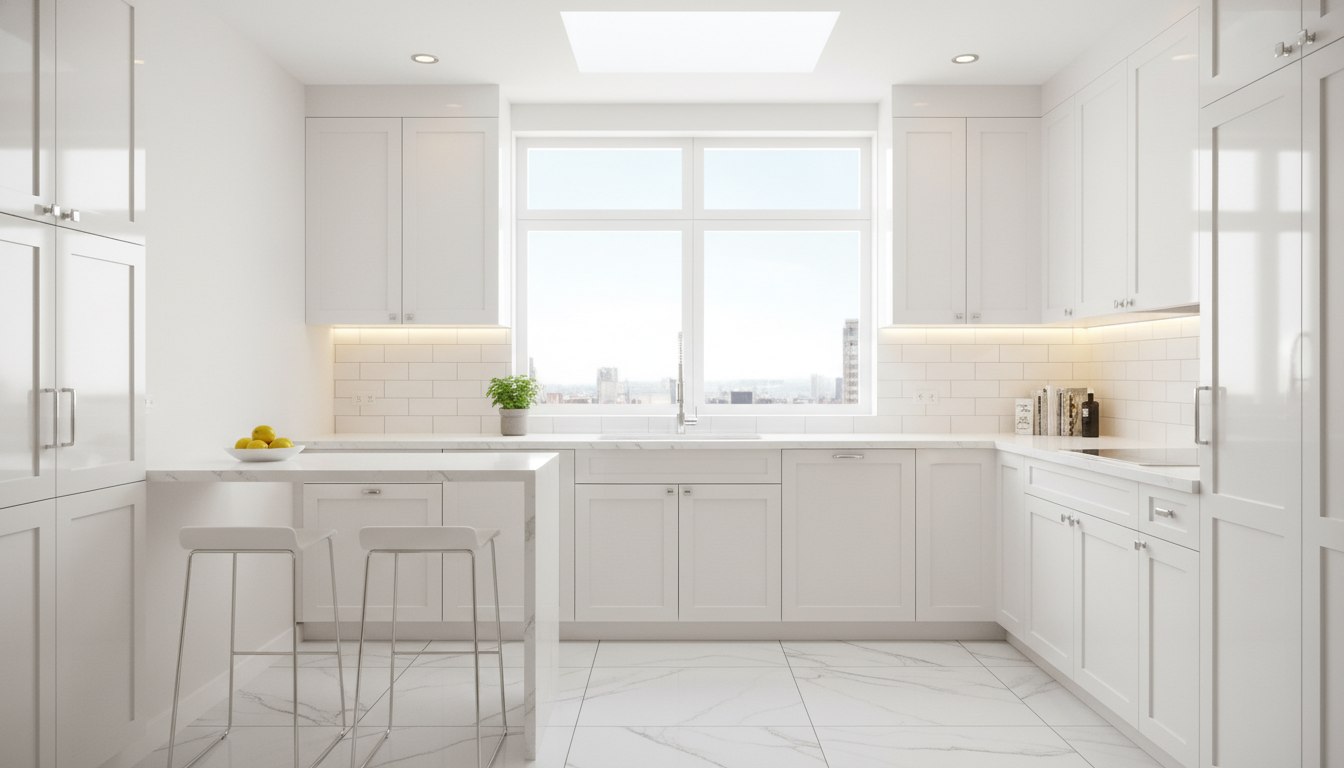 Bright white kitchen interior design for modern apartments